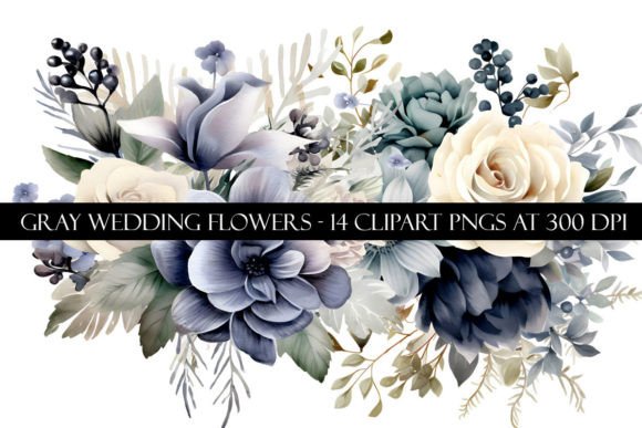 Elegant Gray Wedding Flower Clipart: Timeless Botanicals for Modern Design